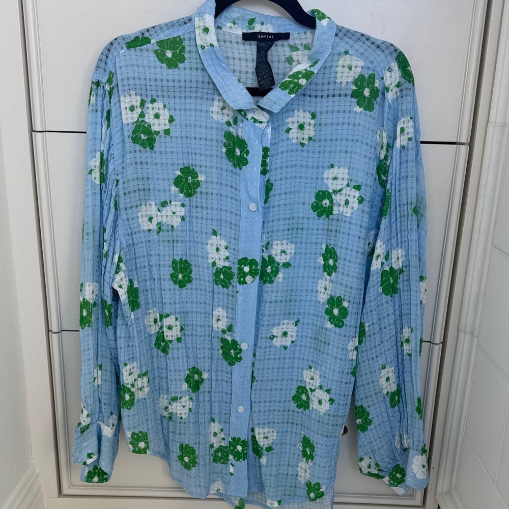Smythe Blue Blouse with Green and White Floral Design